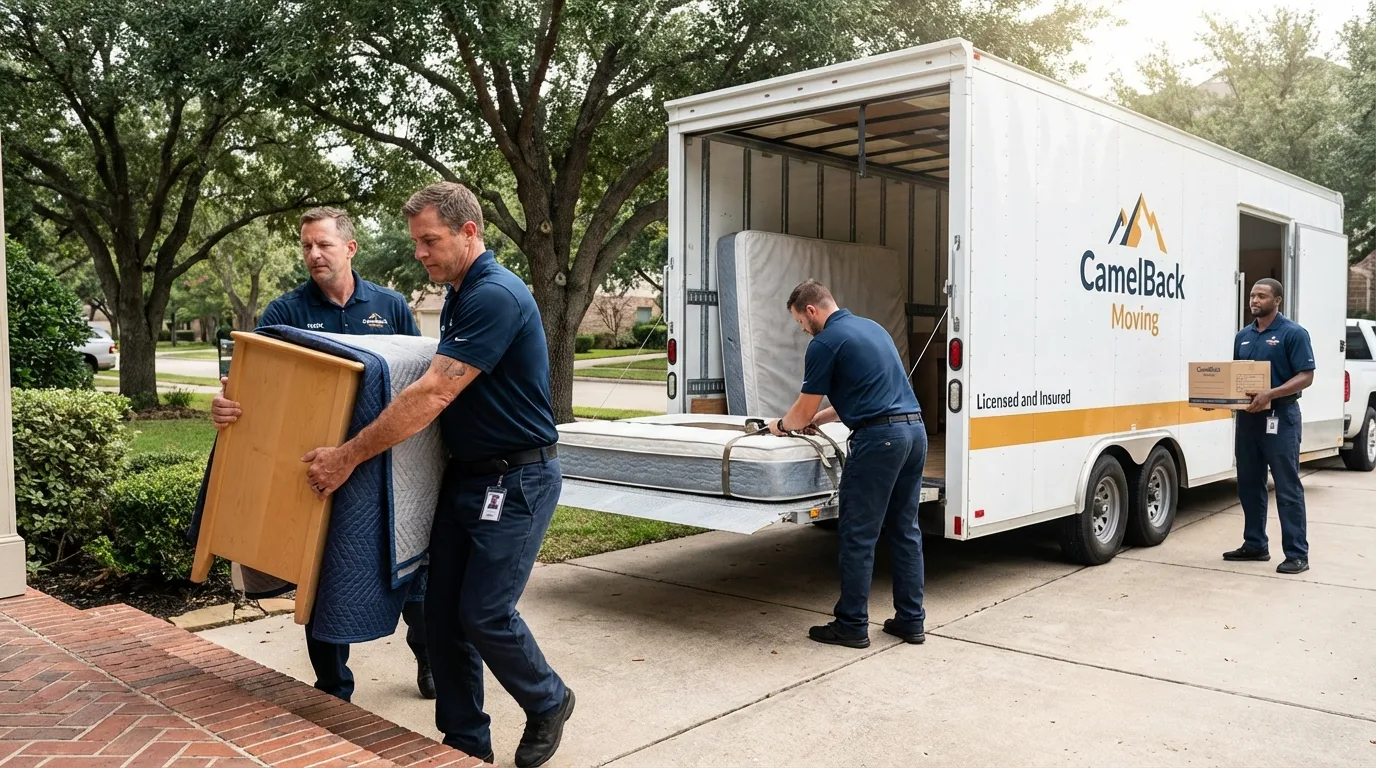 Crew loading residential truck for cross-state move from Bosque Farms, NM