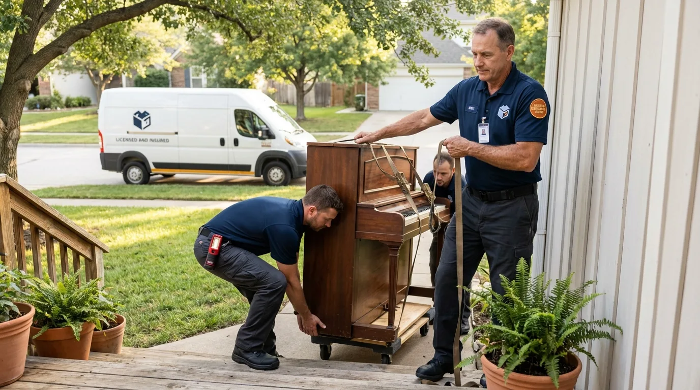 Licensed piano movers securing grand piano in Bosque Farms, NM