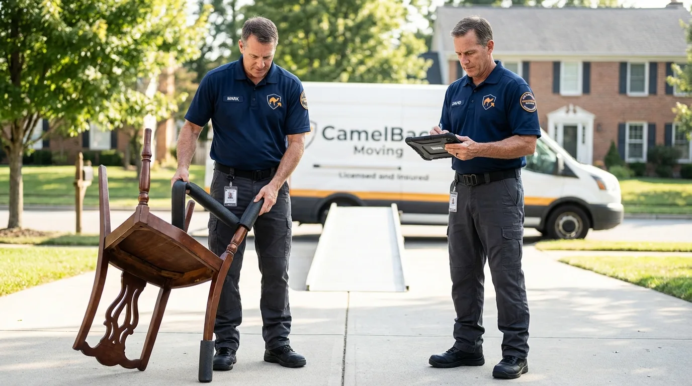 Movers inspecting furniture for damage prevention before loading in Bosque Farms, NM