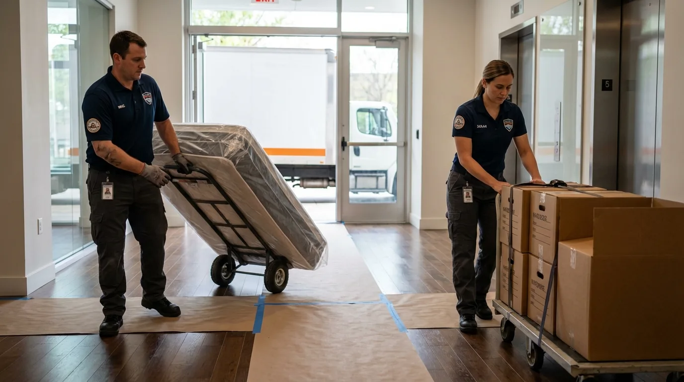 Professional apartment movers loading elevator in Bosque Farms, NM