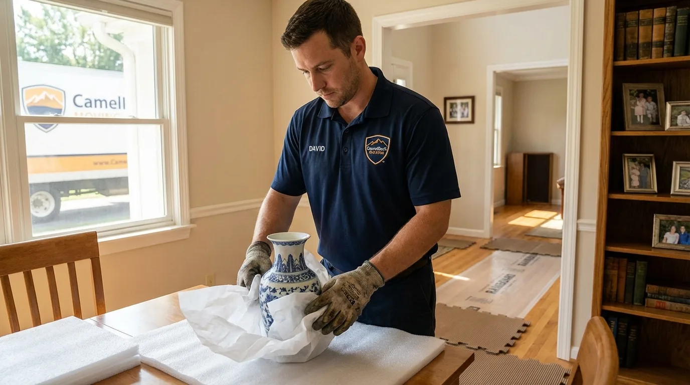 Professional crew carefully wrapping antique vase for senior downsizing move in Bosque Farms, NM
